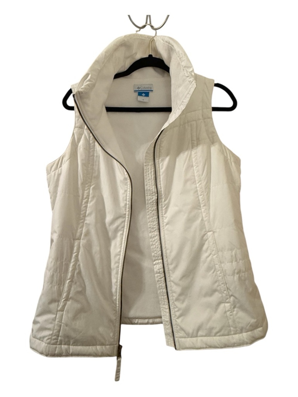 Columbia White Puffer Vest Women’s Medium Fleece Lined Snap Pocket Insulated